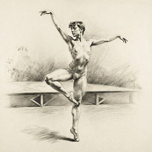 Black-and-white sketch of a nude, athletic male ballet dancer balancing on one leg with arms gracefully extended, standing in front of a bench.