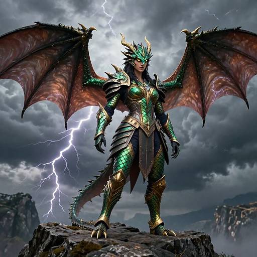 Digitally rendered dragon warrior with green scales, black wings, gold armor, and horns stands on rocky cliff amidst stormy sky and lightning.