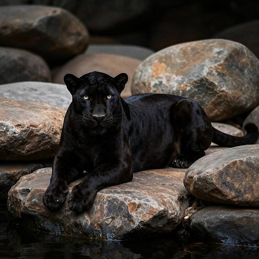 Black Panther Resting on Stones by Water