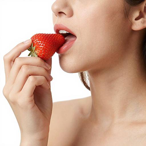 Sensual Woman Eating Strawberry Close-Up