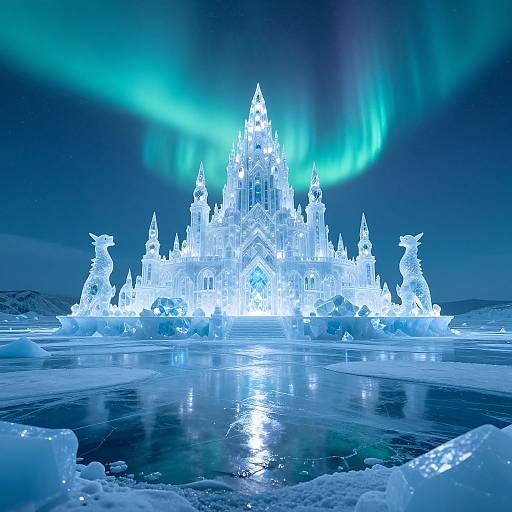 Photograph of a glowing, intricate ice castle with Nordic-inspired designs, surrounded by a frozen lake under vibrant blue and green aurora.