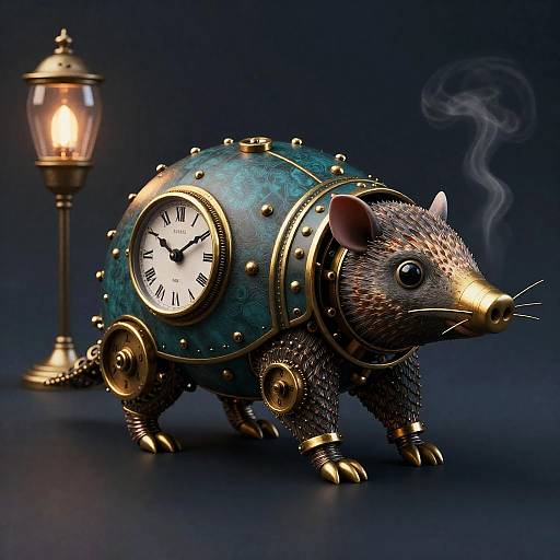 Steampunk rat sculpture with clock face, brass gears, and chain details, emitting smoke, beside a lit antique lamp. Dark blue background.
