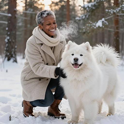 Joyful Woman with Samoyed in Snowy Forest