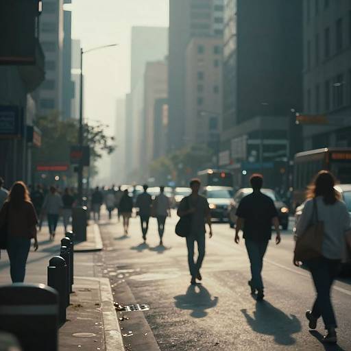 Photograph of a bustling urban street at sunrise, with blurred silhouettes of pedestrians and cars, tall buildings, and bright sunlight.