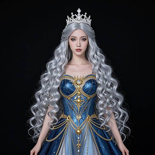 Digital CGI of a fair-skinned, silver-haired princess with long curls, wearing a blue and gold ornate gown, and a silver tiara,