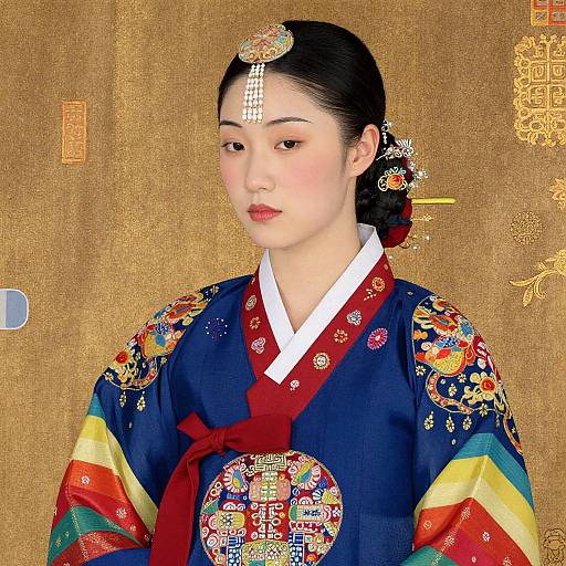 CGI digital portrait of an Asian woman in a colorful, ornate traditional Korean hanbok with intricate embroidery, red ribbon, and pearl headpiece