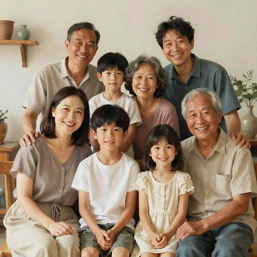 Photograph of a smiling, multigenerational Asian family of seven, sitting and standing in a brightly lit room with potted plants.