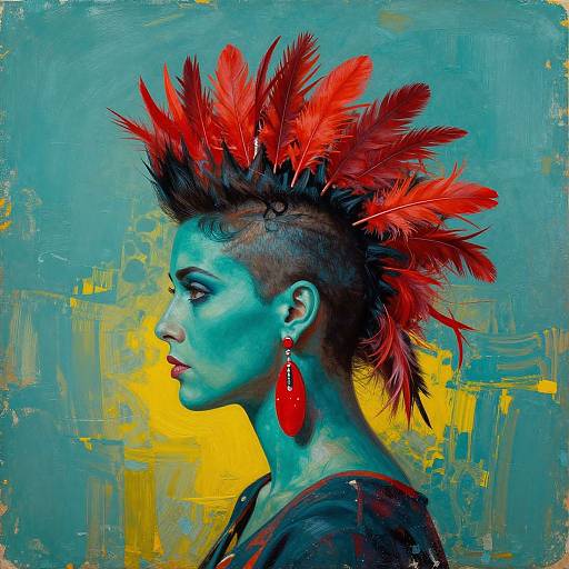 Photograph-style digital painting of a woman with blue skin, black mohawk, red feather headdress, and red teardrop earring, against