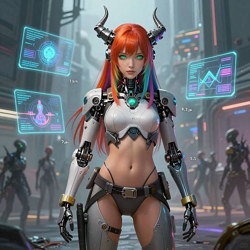CGI image of a cyberpunk-style, red-haired woman with glowing green eyes, black and white cyber armor, and horns, standing in a futuristic