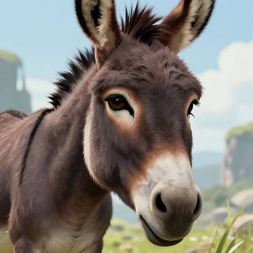Photorealistic close-up of a brown donkey with large, expressive eyes and a white muzzle, set against a bright, blurred outdoor background.