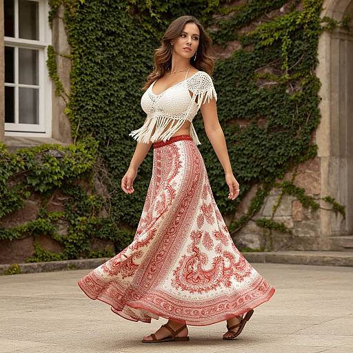 Photograph of a confident woman with wavy brown hair, wearing a white fringe top and red floral skirt, walking outdoors against a ivy-covered stone