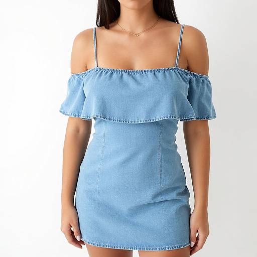 Photograph of a woman with long black hair, wearing an off-shoulder, light blue, ribbed, mini-dress with thin straps,