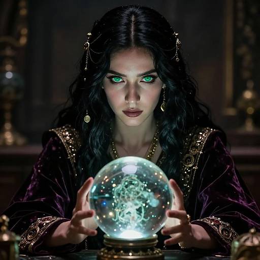 Digital art of a dark-haired woman with glowing green eyes, wearing ornate black robes, holding a glowing snow globe in a dimly lit, mystical