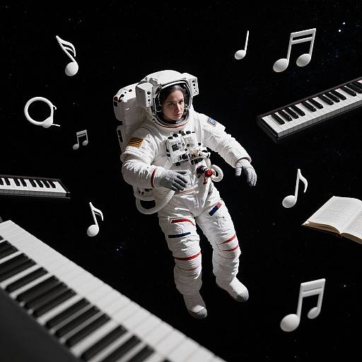 Photograph of a male astronaut floating in space, surrounded by musical notes and keyboard keys, wearing a white spacesuit with red stripes. Dark, star