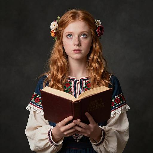 Photograph of a fair-skinned, red-haired girl with floral headpiece, wearing traditional embroidered dress, holding open book against dark background.