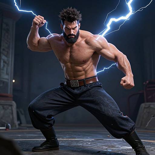 Muscular Bearded Man with Lightning