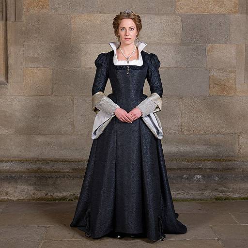 Photograph of a fair-skinned woman with brown hair in an elaborate, black, 18th-century-style dress with white lace trim, standing against