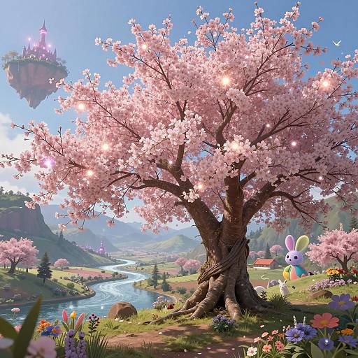 Fantasy Cherry Blossom Tree in Magical Landscape