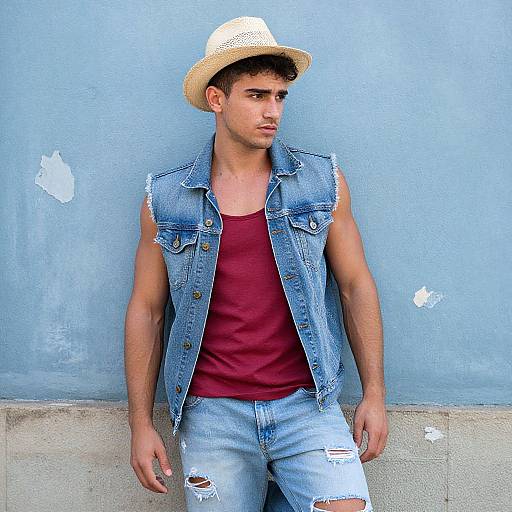 Photograph of a young man with medium skin tone, wearing a beige straw hat, red tank top, denim sleeveless vest, and ripped jeans,