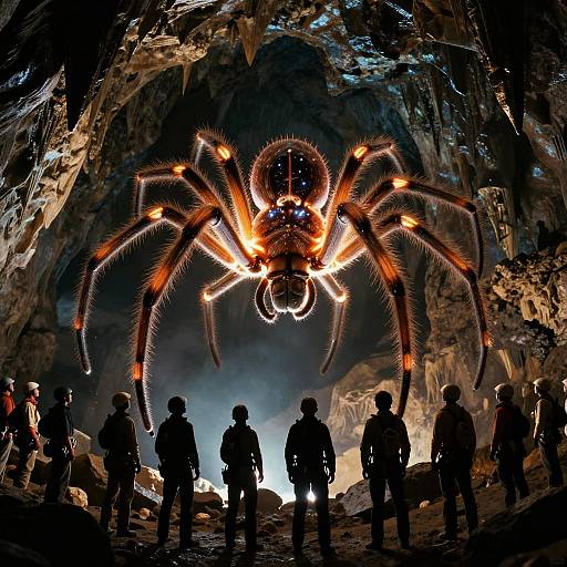70s Sci-Fi Cave with Giant Luminous Spider