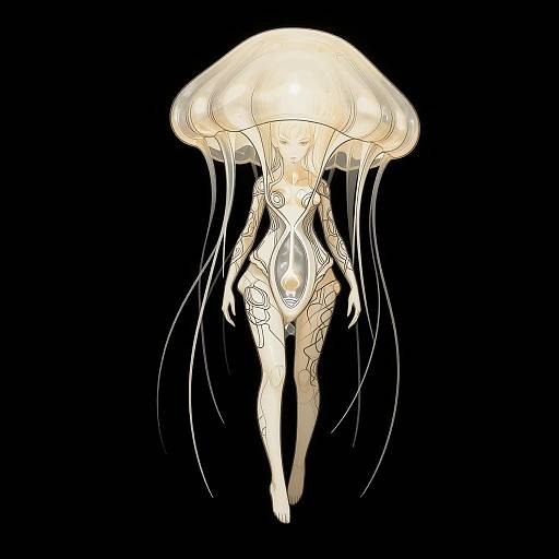 Digital illustration of a glowing, translucent jellyfish with intricate white patterns, long tentacles, and a bright, bioluminescent dome against a black