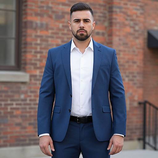 Photograph of a serious, bearded man in a dark blue suit, white shirt, and black belt standing in front of a red brick building.