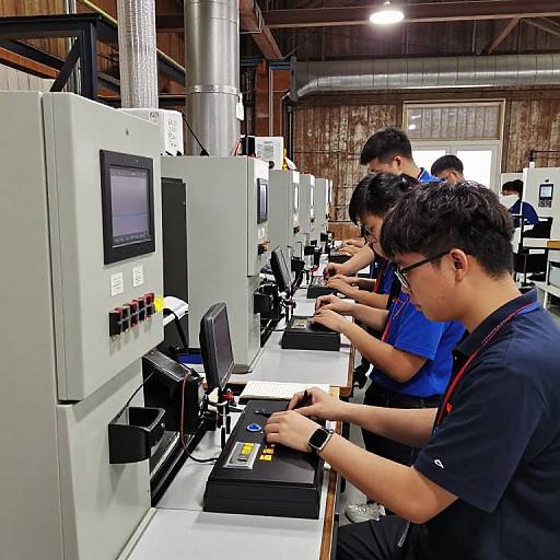 Photograph of four Asian men in blue shirts, working intently at industrial control panels in a factory with wooden walls and metal pipes.