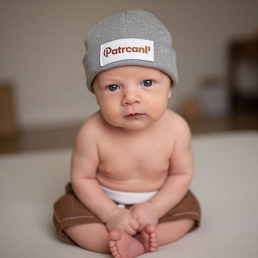 Photograph of a cute, shirtless baby with blue eyes, wearing a gray beanie with 