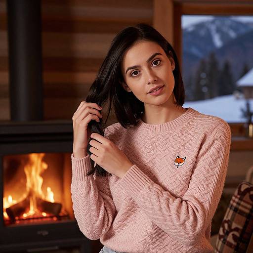Photograph of a young woman with long black hair, wearing a pink knit sweater, standing in a cozy wooden cabin by a lit fireplace, with snow