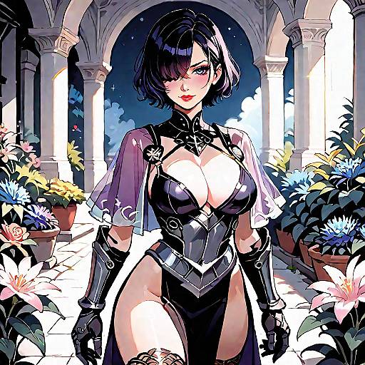 Seductive Armored Sorceress in Night Garden