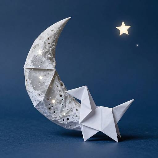 Photograph of a white paper crescent moon and star, textured with holes, against a dark blue gradient background.