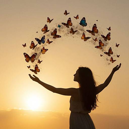 Silhouetted woman with long hair, arms outstretched, surrounded by flying orange and blue butterflies against a golden sunset sky. Photograph.