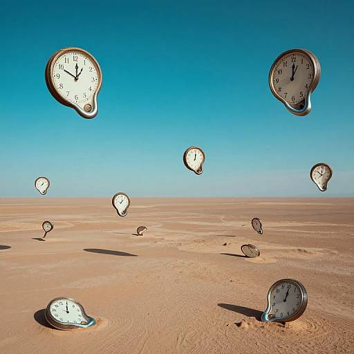 Photograph of floating clocks with various times, suspended in a clear blue sky over a vast, sandy desert landscape.