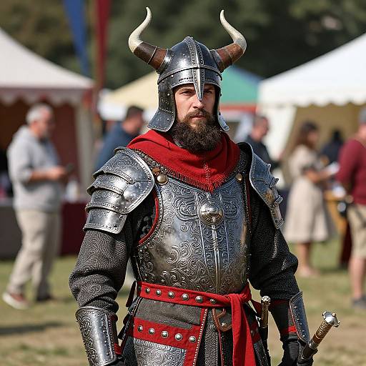 Photograph of a bearded Viking warrior in ornate silver armor with horned helmet, red scarf, and sword, standing in a sunny outdoor festival