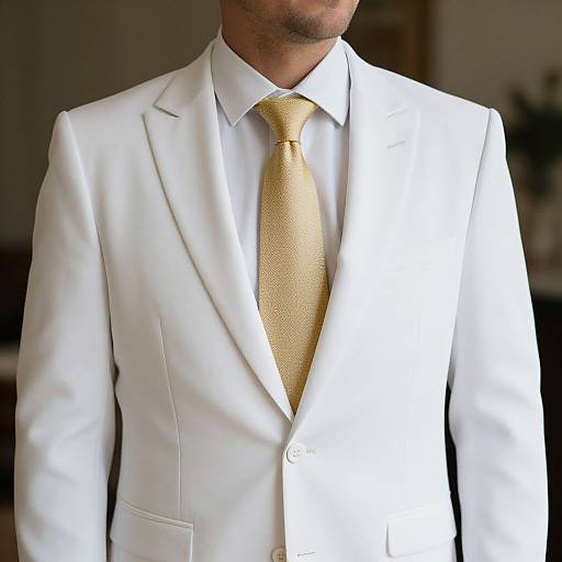 Photograph of a man in a sharp white suit with a gold tie, cropped at the neck, in a dimly lit room.