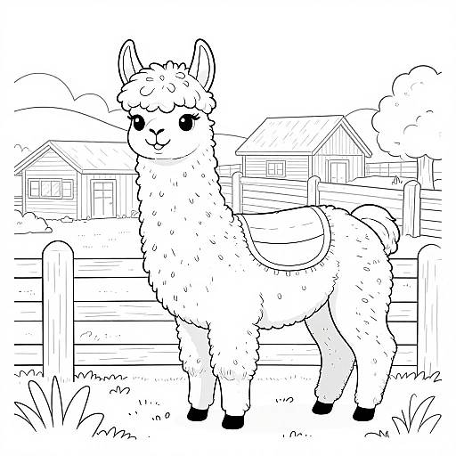 Black-and-white line drawing of a fluffy, cute llama with saddle standing in front of a wooden fence and two houses.