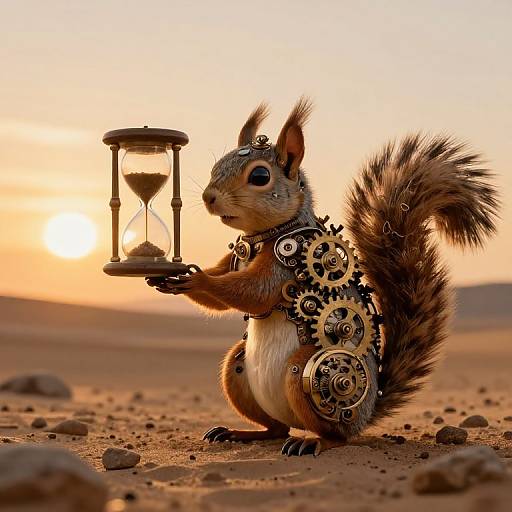 Steampunk squirrel holding hourglass, adorned with gears, stands in desert at sunset. Digital art with realistic textures and warm colors.