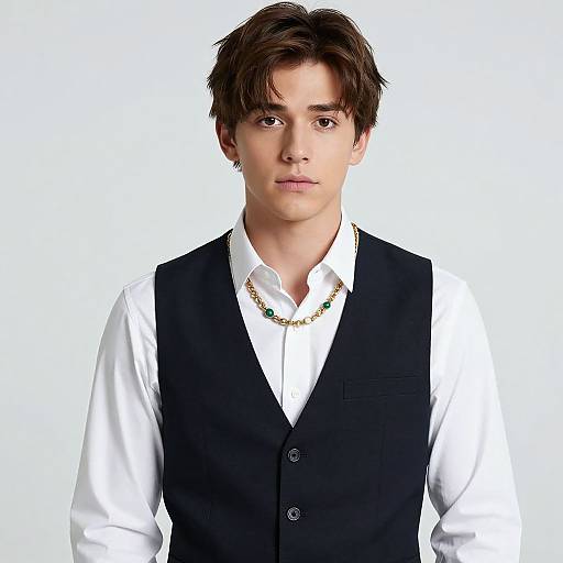 Photorealistic portrait of a young man with brown hair, wearing a white shirt, black vest, and gold necklace, against a white background.
