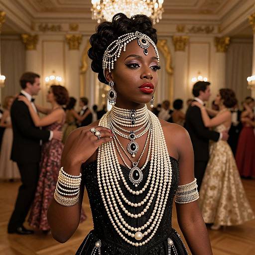 Photograph of an elegant Black woman in opulent black beaded gown, adorned with multiple pearl necklaces and headpiece, standing in a grand ball