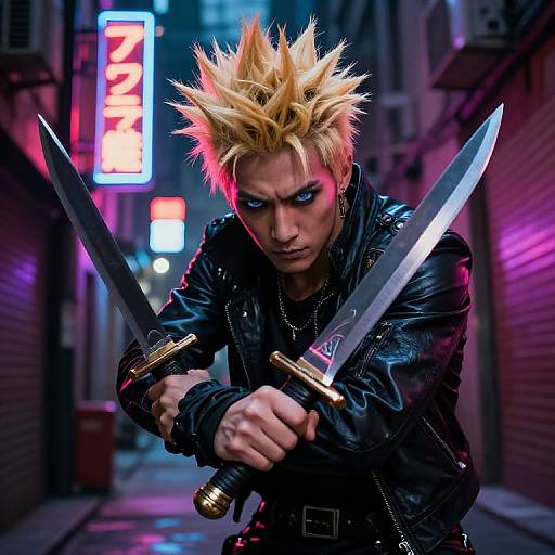 Digital anime-style artwork of a blond, spiked-haired warrior with blue eyes, wearing a black leather jacket, holding two knives, in a neon-lit