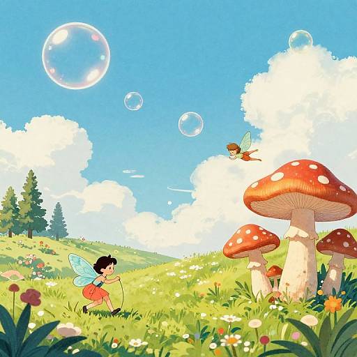 Digital illustration of a fairy and child playing in a vibrant, sunny meadow with giant red and white-spotted mushrooms, bubbles, and a blue sky