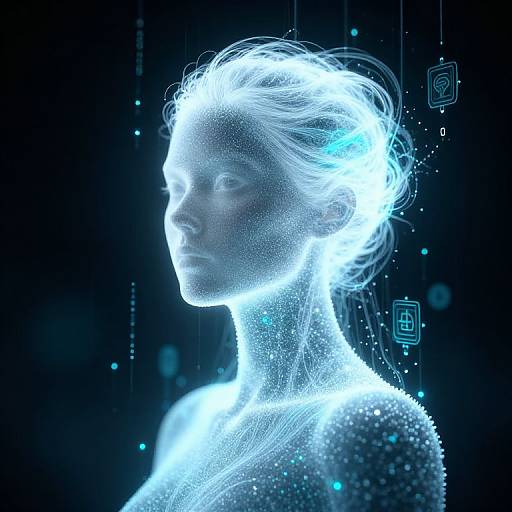 Digital artwork of a glowing, ethereal woman with a radiant white halo, blue luminescent particles, and futuristic symbols in a dark background.