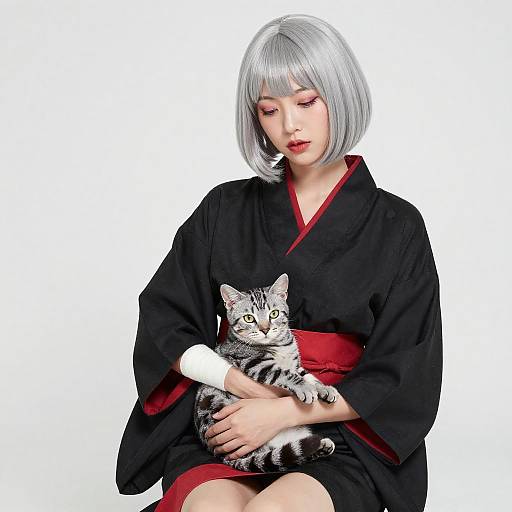 Elegant Asian Woman with Gray Cat