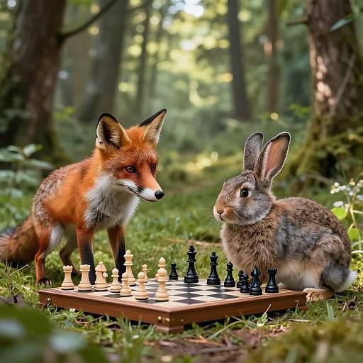 Photograph of a red fox and a grey rabbit playing chess on a wooden board in a sunlit forest.