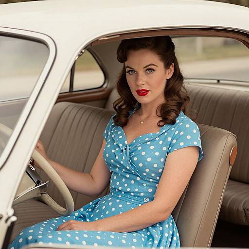 Photograph of a vintage-style woman with red lips and curled brown hair, wearing a blue polka dot dress, driving a classic car.