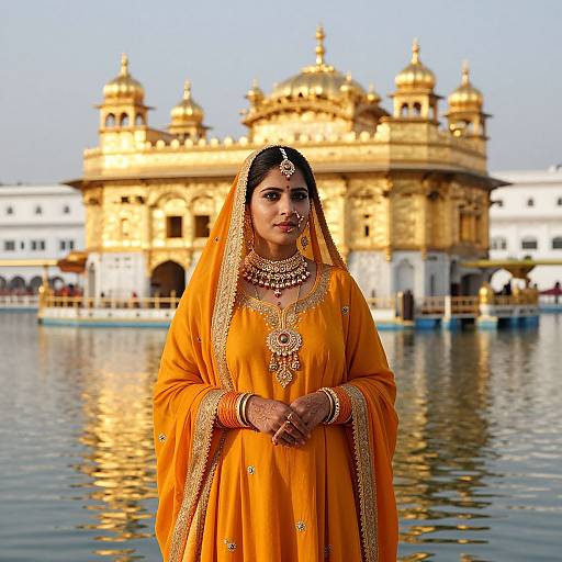 Photograph of a South Asian woman in an orange traditional saree with gold embroidery, standing in front of the golden Sikh temple, Golden Temple, with