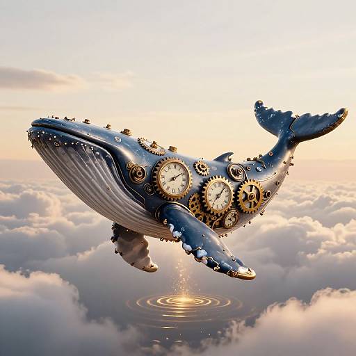Fantastical illustration of a blue whale adorned with gold clock gears soaring through a cloudy sky, with a sun reflection below.