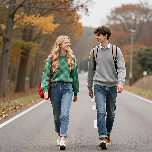 Autumn Stroll: Young Couple on Rural Road
