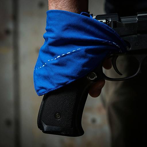 Close-up photograph of a blue, textured wrist wrap covering a black handgun's grip, with a metallic background, highlighting the gun's detailed texture and blue