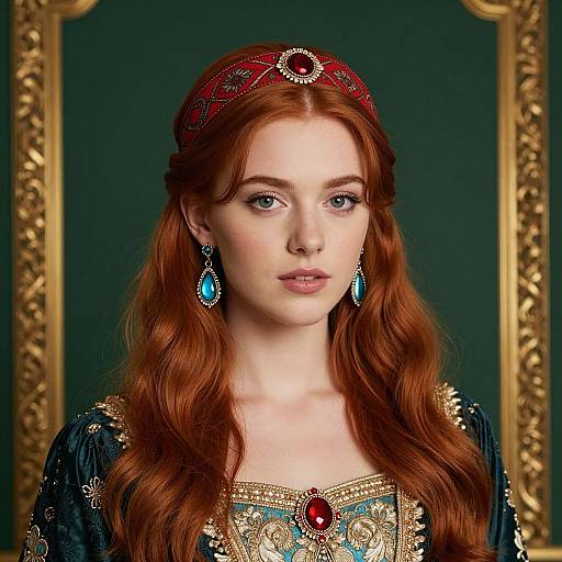 Photograph of a fair-skinned, red-haired woman with wavy hair, wearing an ornate red headband, blue dress with gold embroidery,